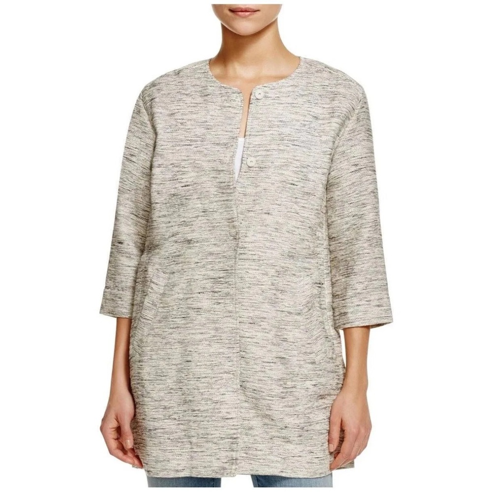 Eileen Fisher Ecru Long Knit Tweed Jacket Knit Black Cream Pockets Snap XL
